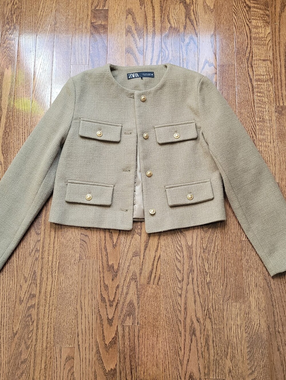Zara Cropped Olive Tweed Jacket with Gold Buttons